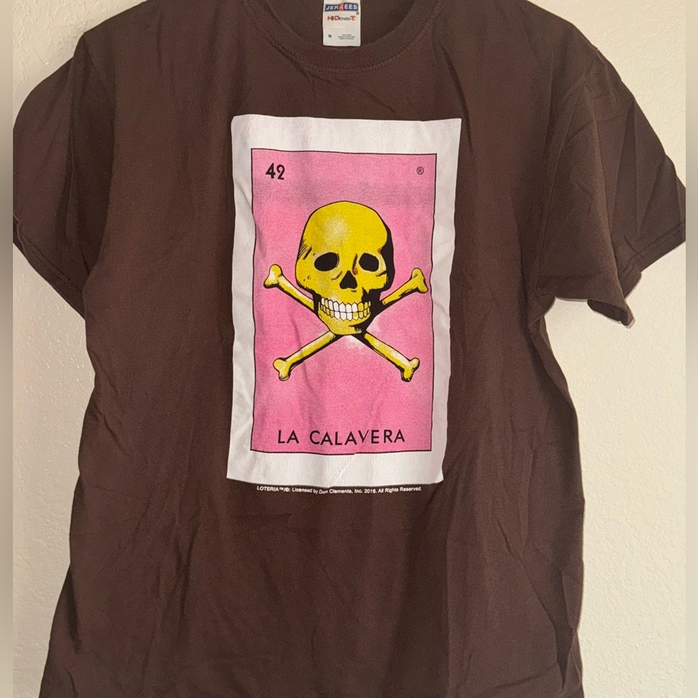 Jerzees Loteria La Calavera Brown Short Sleeve Shirt Size Medium